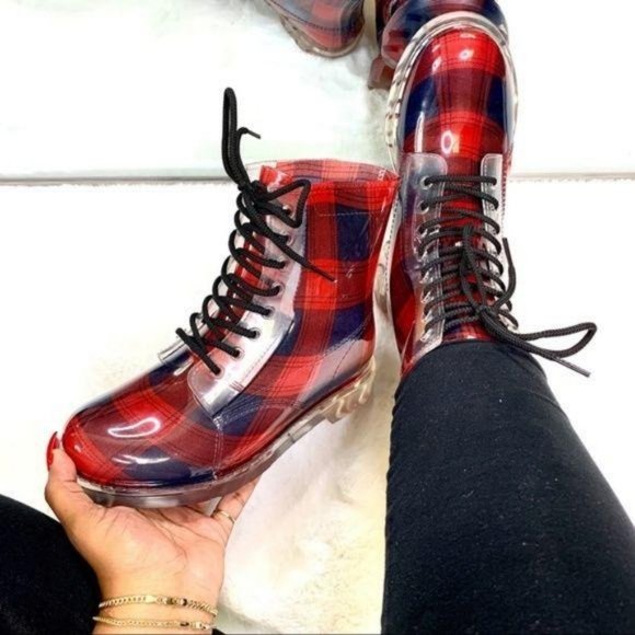 !! NEW !! Plaid Lace Up Combat Style Rain Boots - Picture 9 of 11